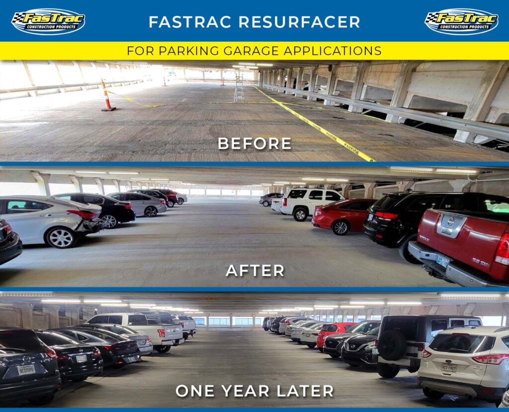 FasTrac concrete resurfacer before and after image of a parking garage
